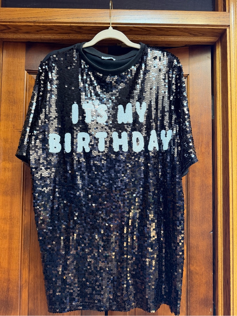 Sequin "It's My Birthday" Tunic Dress in Black, One Size